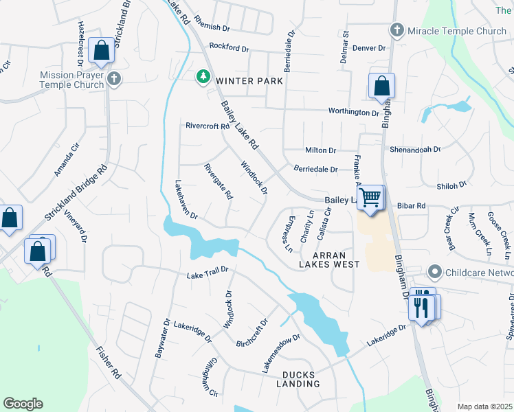 map of restaurants, bars, coffee shops, grocery stores, and more near 5801 Dockridge Court in Fayetteville