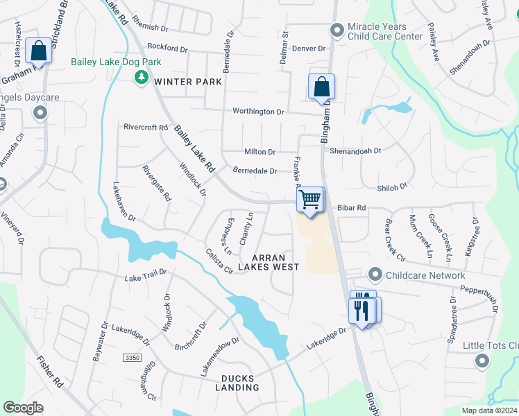 map of restaurants, bars, coffee shops, grocery stores, and more near 2245 Calista Circle in Fayetteville