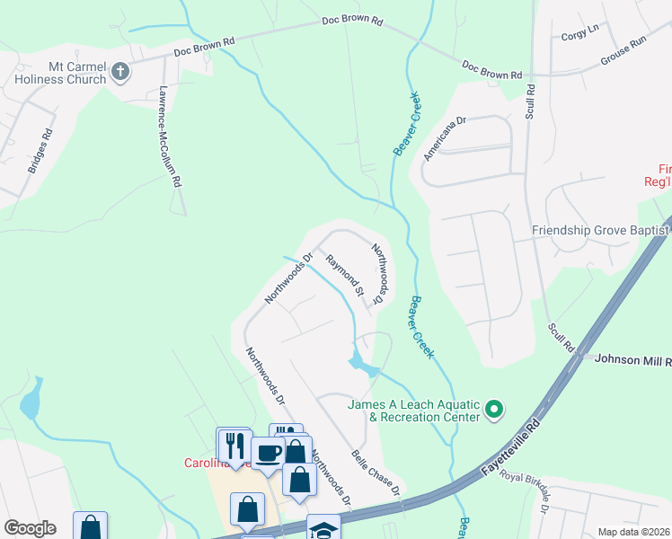 map of restaurants, bars, coffee shops, grocery stores, and more near 114 Raymond Street in Raeford