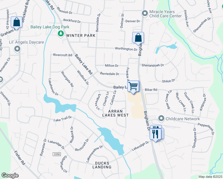 map of restaurants, bars, coffee shops, grocery stores, and more near 2245 Calista Circle in Fayetteville