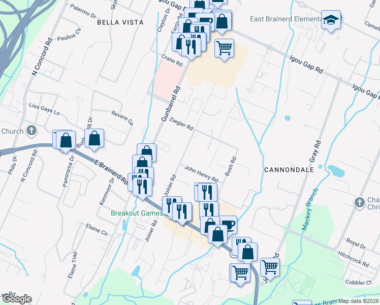 map of restaurants, bars, coffee shops, grocery stores, and more near 1612 North Joiner Road in Chattanooga
