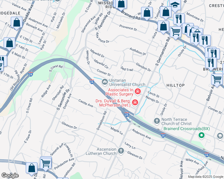 map of restaurants, bars, coffee shops, grocery stores, and more near 407 Donaldson Road in Chattanooga