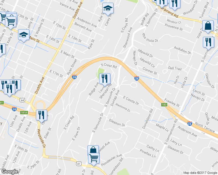 map of restaurants, bars, coffee shops, grocery stores, and more near 510 South Seminole Drive in Chattanooga
