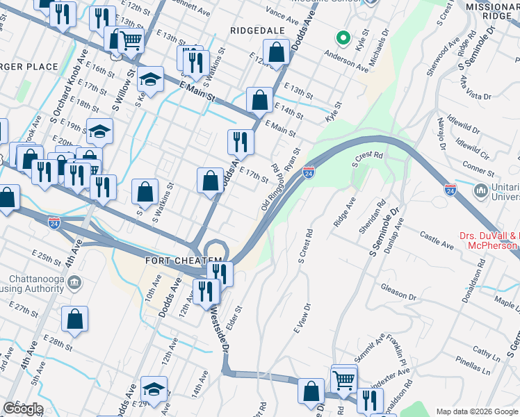 map of restaurants, bars, coffee shops, grocery stores, and more near 1803 Grandview Avenue in Chattanooga