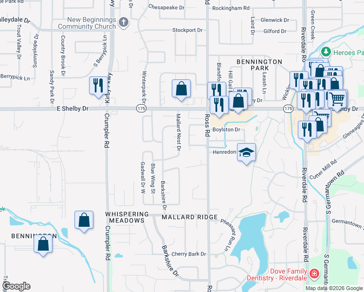 map of restaurants, bars, coffee shops, grocery stores, and more near 6619 Duckling Cove in Memphis