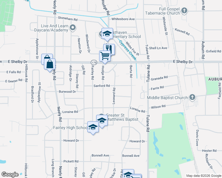 map of restaurants, bars, coffee shops, grocery stores, and more near 4797 Leonard Road in Memphis