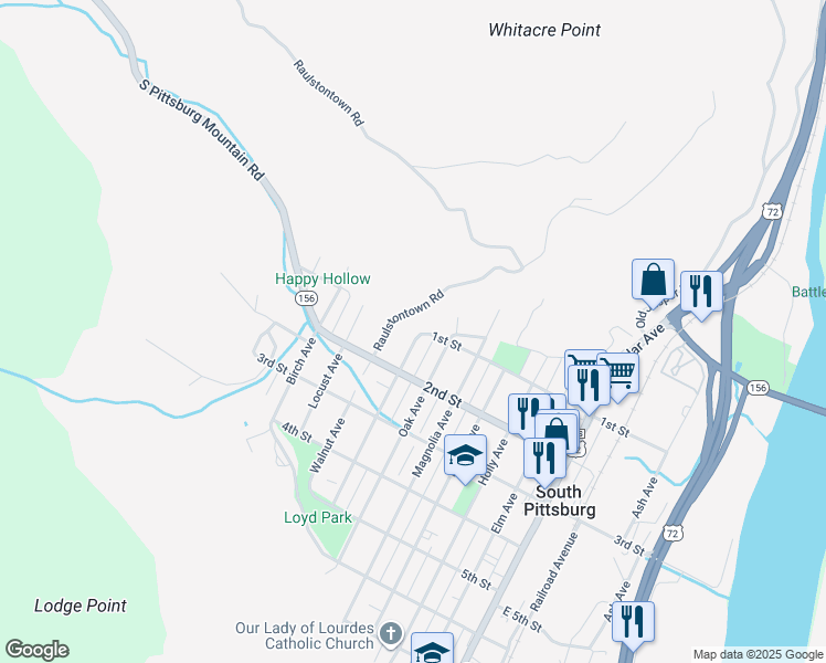 map of restaurants, bars, coffee shops, grocery stores, and more near 108 Pine Avenue in South Pittsburg