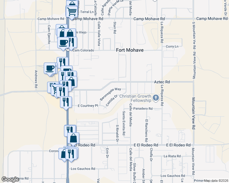 map of restaurants, bars, coffee shops, grocery stores, and more near 4817 Castilla Drive in Fort Mohave