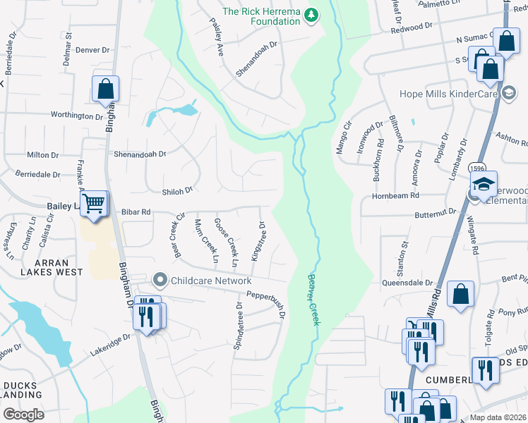 map of restaurants, bars, coffee shops, grocery stores, and more near 5515 Bear Creek Cir in Fayetteville