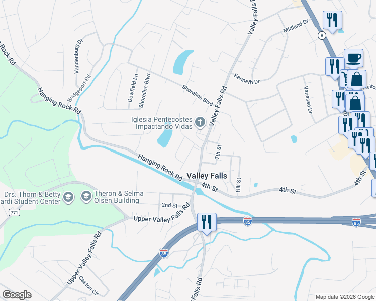 map of restaurants, bars, coffee shops, grocery stores, and more near 224 Bandallon Place in Boiling Springs