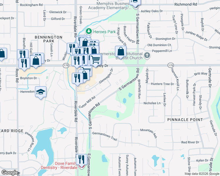 map of restaurants, bars, coffee shops, grocery stores, and more near 4811 South Germantown Road in Memphis