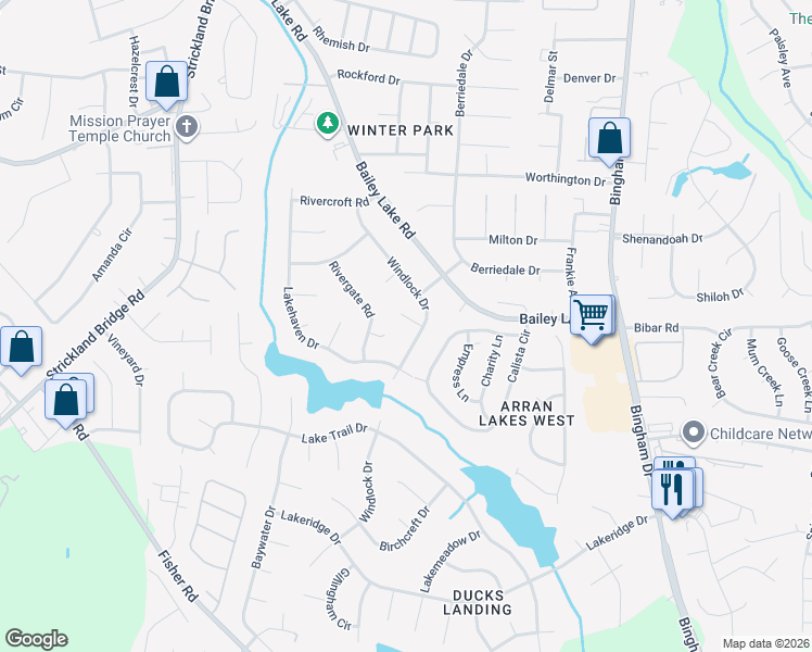 map of restaurants, bars, coffee shops, grocery stores, and more near 5801 Dockridge Court in Fayetteville