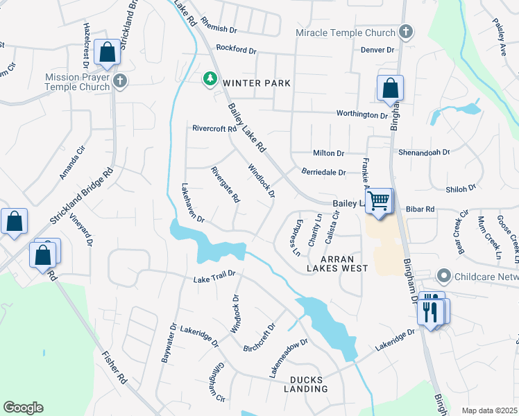 map of restaurants, bars, coffee shops, grocery stores, and more near 5805 Dockridge Court in Fayetteville