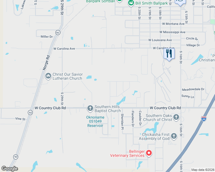 map of restaurants, bars, coffee shops, grocery stores, and more near 2312 Dillards Drive in Chickasha