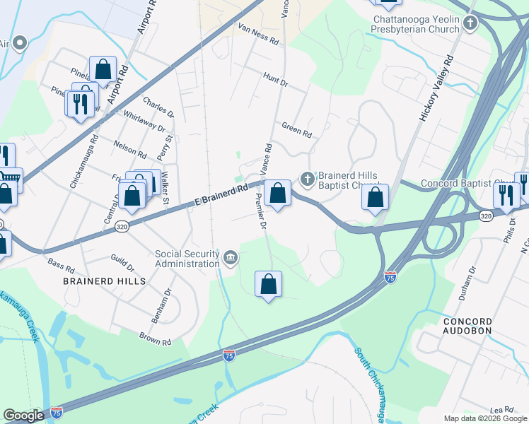 map of restaurants, bars, coffee shops, grocery stores, and more near Timber Knoll Drive in Chattanooga