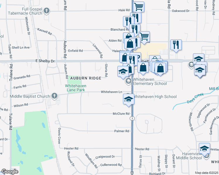 map of restaurants, bars, coffee shops, grocery stores, and more near 1064 Whitehaven Lane in Memphis