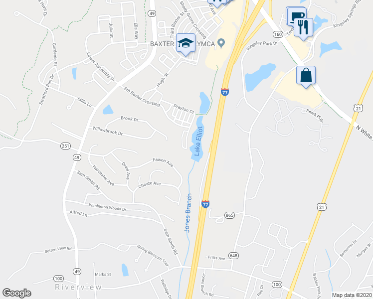 map of restaurants, bars, coffee shops, grocery stores, and more near 1134 Drayton Court in Fort Mill