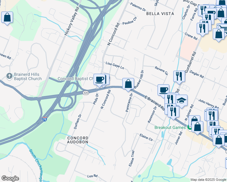 map of restaurants, bars, coffee shops, grocery stores, and more near 7110 East Brainerd Road in Chattanooga