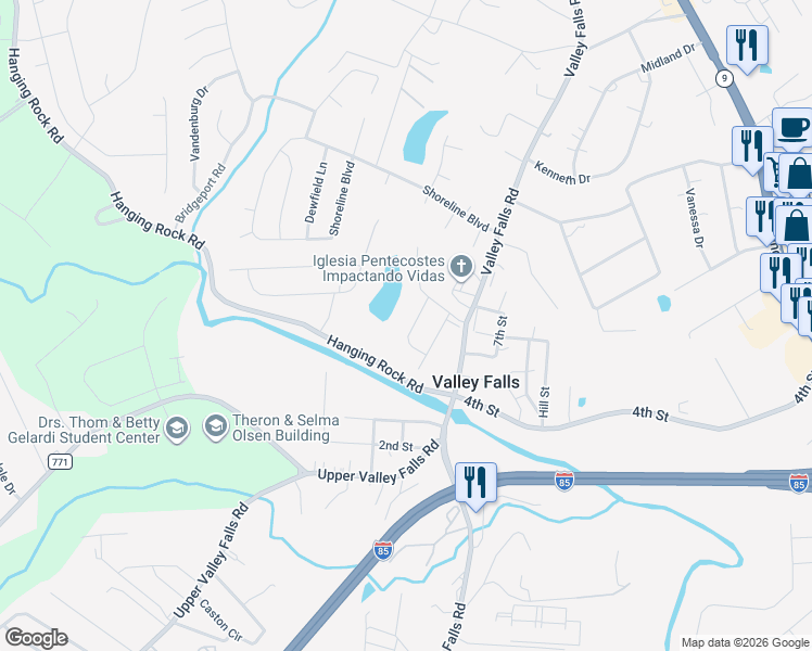 map of restaurants, bars, coffee shops, grocery stores, and more near 340 Evenfall Drive in Boiling Springs