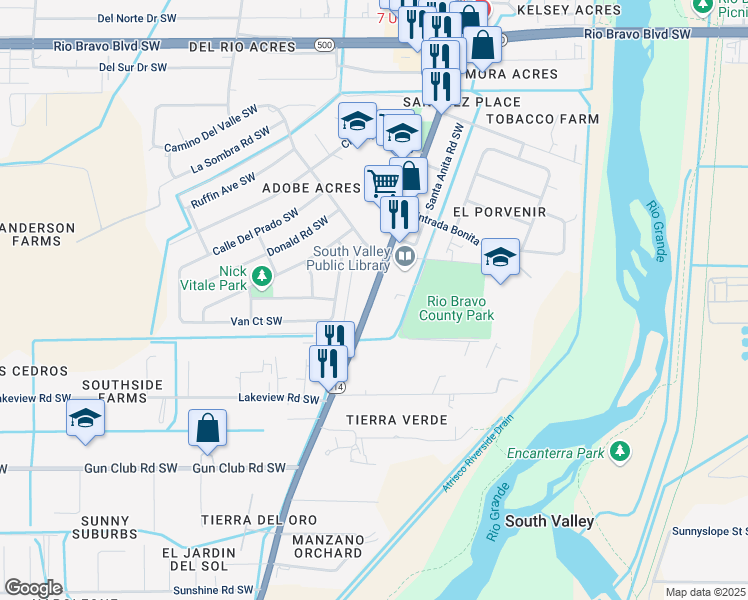map of restaurants, bars, coffee shops, grocery stores, and more near 4017 Isleta Boulevard Southwest in Albuquerque