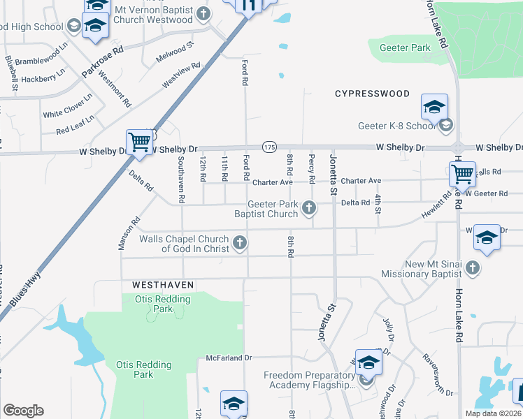 map of restaurants, bars, coffee shops, grocery stores, and more near 507 Delta Road in Memphis