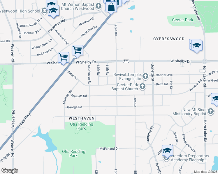 map of restaurants, bars, coffee shops, grocery stores, and more near 547 Delta Road in Memphis