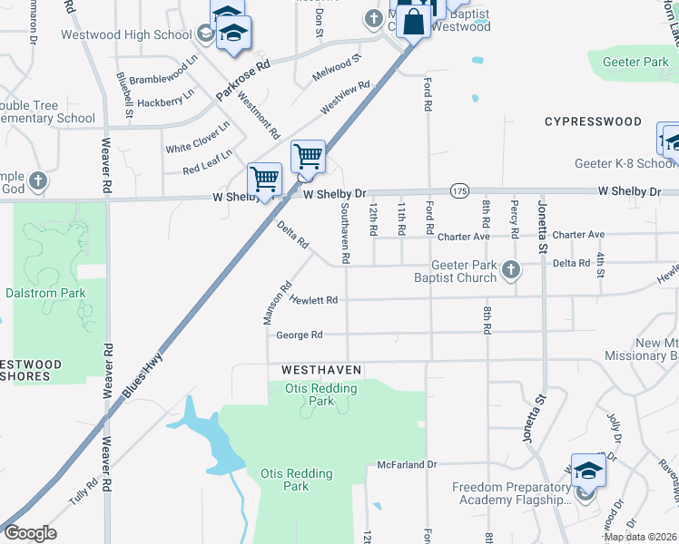 map of restaurants, bars, coffee shops, grocery stores, and more near 4799 Southaven Road in Memphis