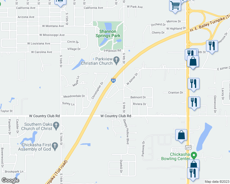map of restaurants, bars, coffee shops, grocery stores, and more near 3000 South 9th Street in Chickasha