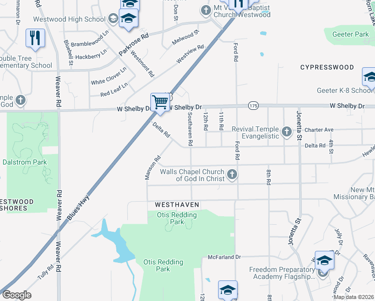 map of restaurants, bars, coffee shops, grocery stores, and more near 4799 Southaven Road in Memphis