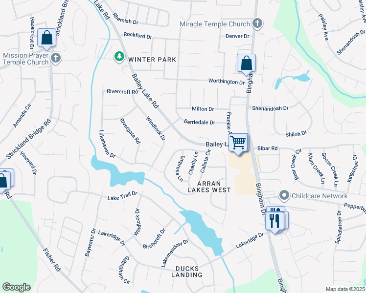 map of restaurants, bars, coffee shops, grocery stores, and more near 2205 Calista Circle in Fayetteville