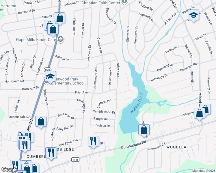map of restaurants, bars, coffee shops, grocery stores, and more near 4612 Friar Avenue in Fayetteville