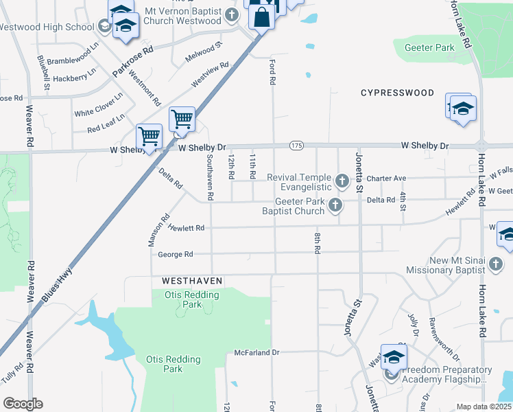 map of restaurants, bars, coffee shops, grocery stores, and more near 547 Delta Road in Memphis