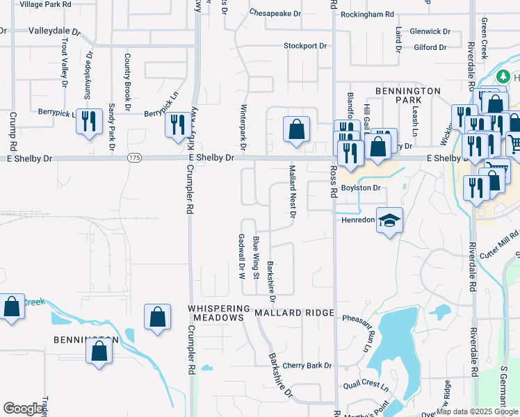 map of restaurants, bars, coffee shops, grocery stores, and more near 6565 East Mallard Ridge Drive in Memphis