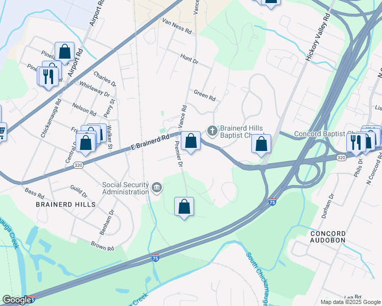 map of restaurants, bars, coffee shops, grocery stores, and more near 110 Timber Knoll Drive in Chattanooga