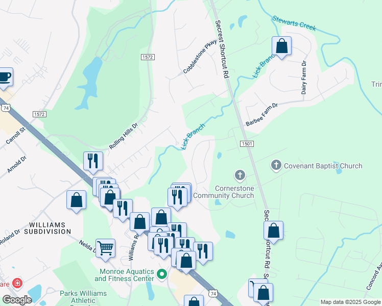 map of restaurants, bars, coffee shops, grocery stores, and more near 2500 Knights Court in Monroe