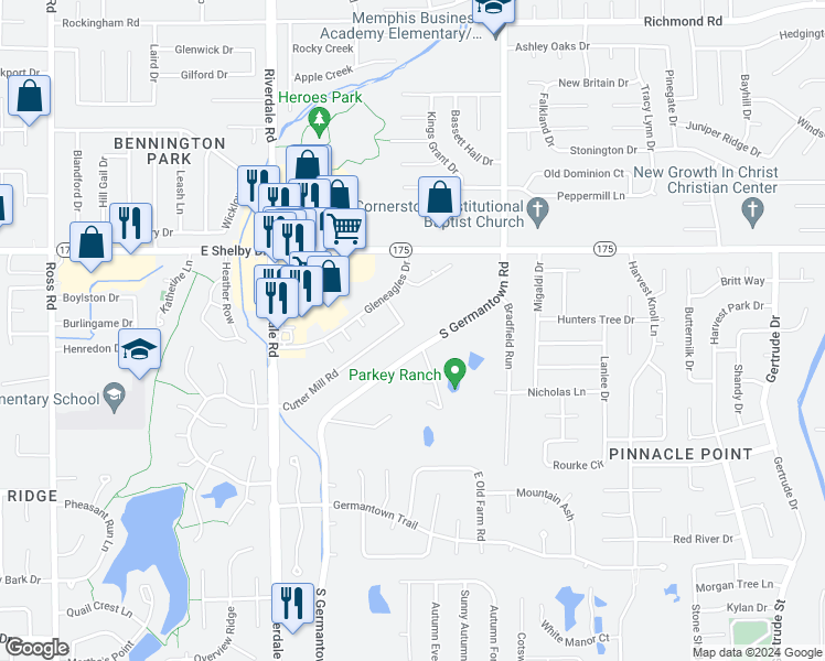 map of restaurants, bars, coffee shops, grocery stores, and more near 7115 Cutter Mill Road in Memphis