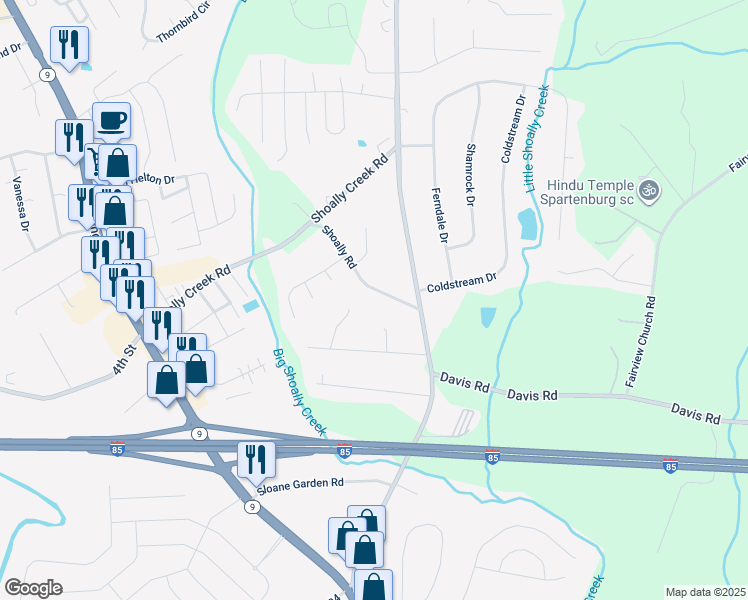 map of restaurants, bars, coffee shops, grocery stores, and more near 423 Shoally Road in Boiling Springs