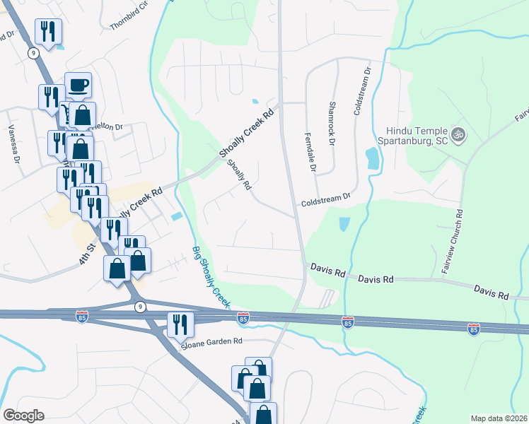 map of restaurants, bars, coffee shops, grocery stores, and more near 423 Shoally Road in Boiling Springs