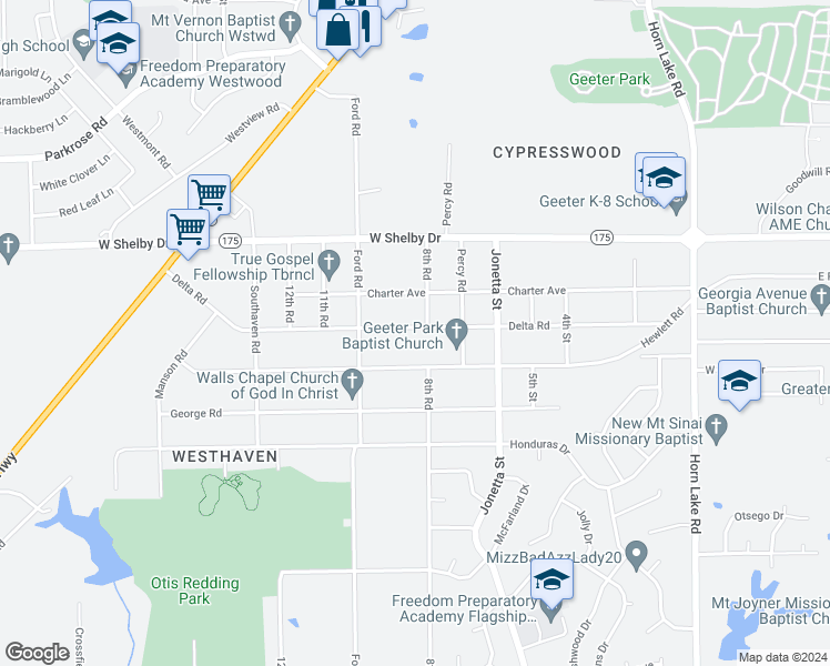map of restaurants, bars, coffee shops, grocery stores, and more near 447 Delta Road in Memphis