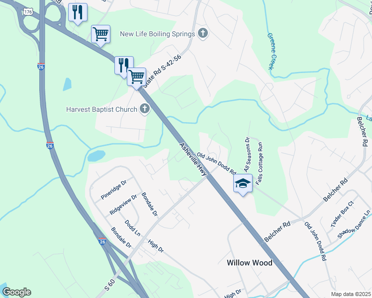 map of restaurants, bars, coffee shops, grocery stores, and more near 9159 Asheville Highway in Spartanburg