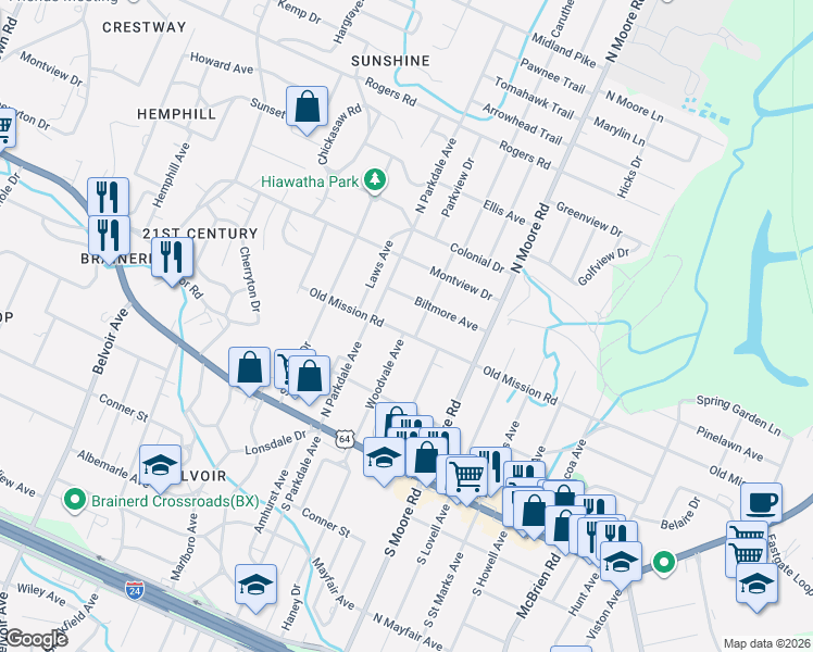 map of restaurants, bars, coffee shops, grocery stores, and more near 4704 Old Mission Road in Chattanooga