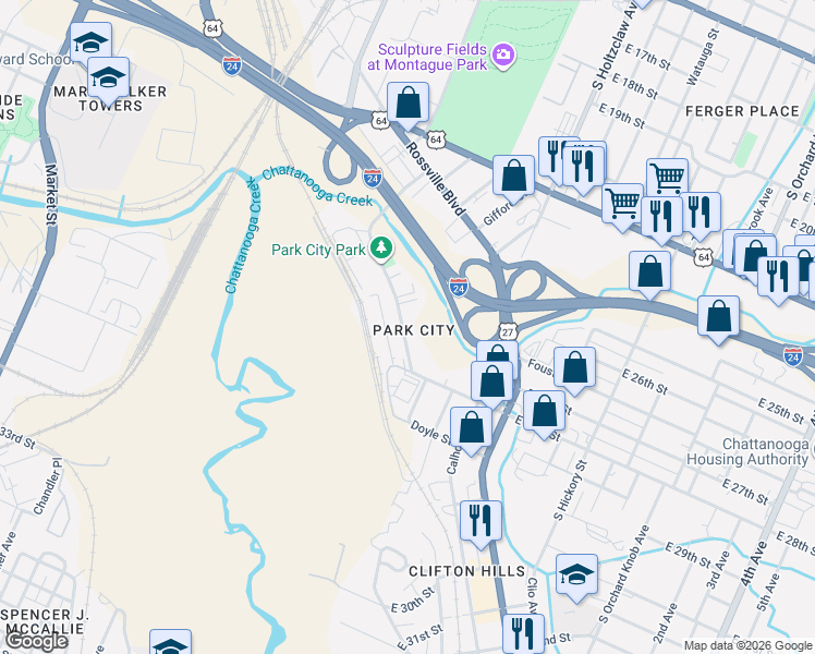 map of restaurants, bars, coffee shops, grocery stores, and more near 2737A Cannon Avenue in Chattanooga