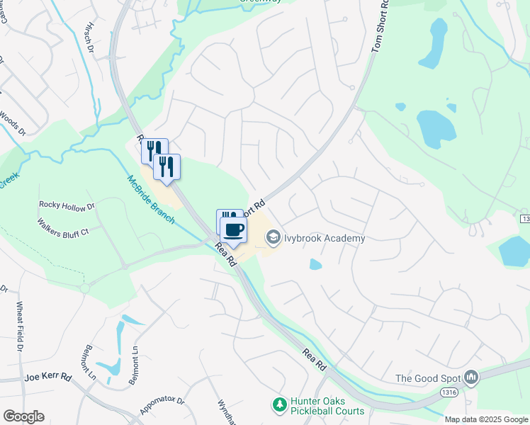 map of restaurants, bars, coffee shops, grocery stores, and more near 404 Amersham Lane in Waxhaw