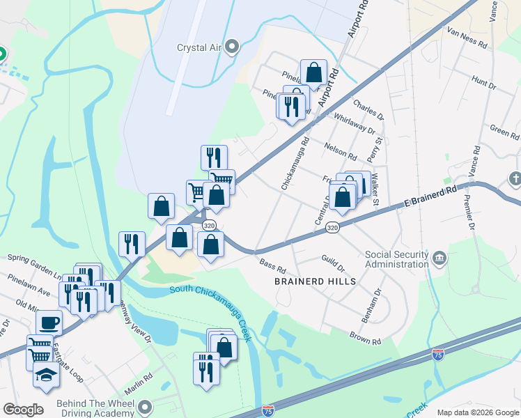 map of restaurants, bars, coffee shops, grocery stores, and more near 119 Chickamauga Road in Chattanooga