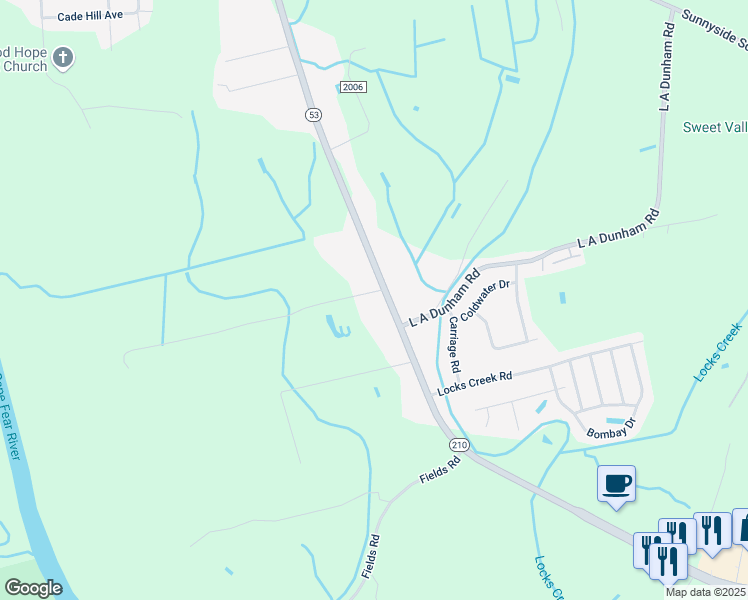 map of restaurants, bars, coffee shops, grocery stores, and more near 1614 Cedar Creek Road in Fayetteville