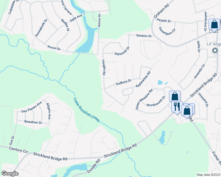 map of restaurants, bars, coffee shops, grocery stores, and more near 6517 Sudbury Drive in Fayetteville