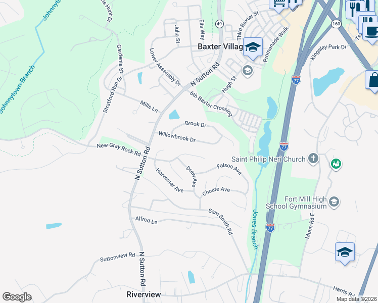 map of restaurants, bars, coffee shops, grocery stores, and more near 1043 Sharon Lee Avenue in Fort Mill