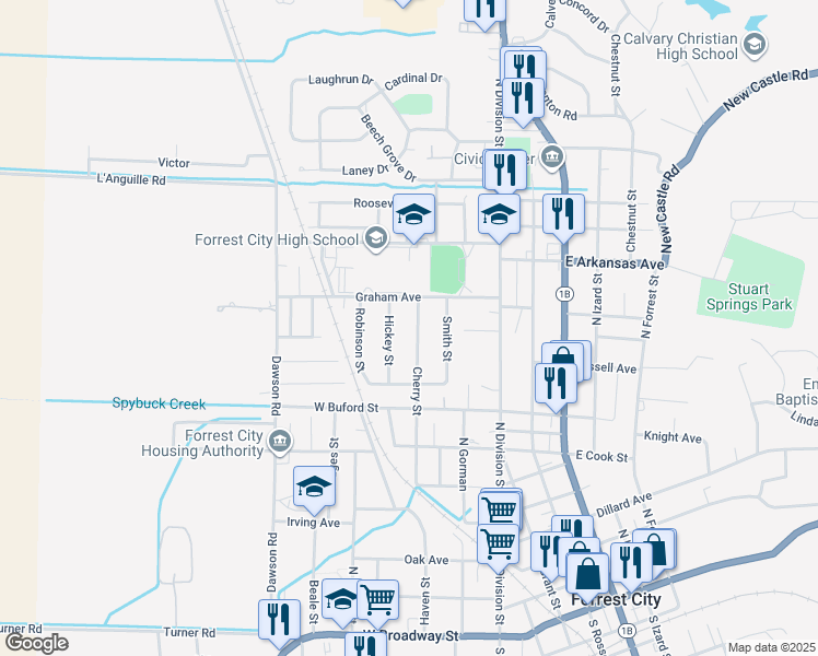 map of restaurants, bars, coffee shops, grocery stores, and more near 947 Cherry Street in Forrest City