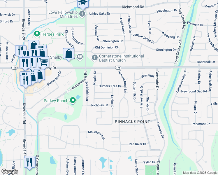 map of restaurants, bars, coffee shops, grocery stores, and more near 7334 Pinnacle Farms Drive in Memphis