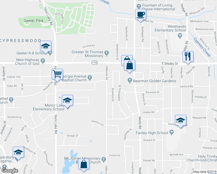 map of restaurants, bars, coffee shops, grocery stores, and more near 4799 Bradford Drive in Memphis